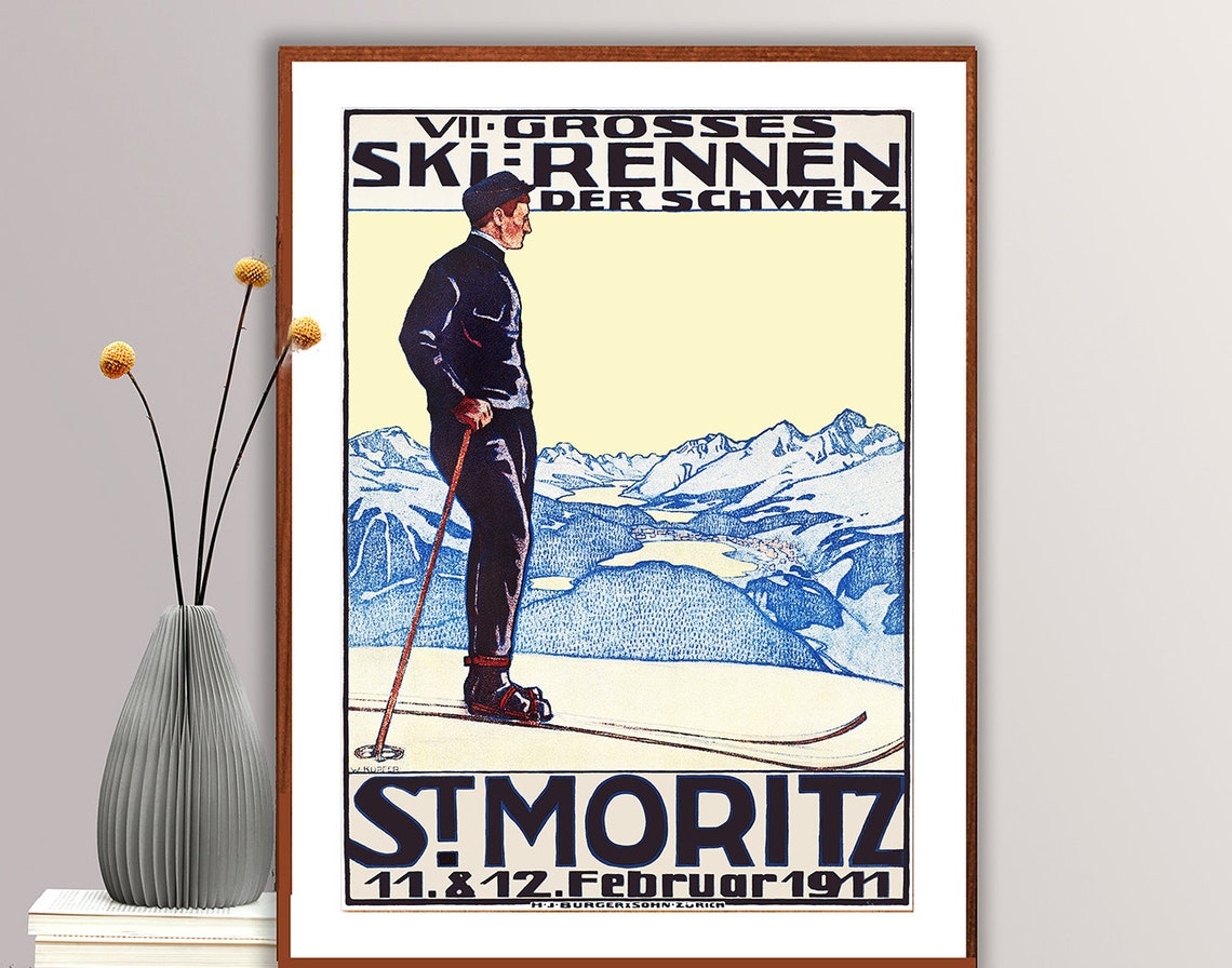 St Moritz 1911 VII Grosses Skirennen Vintage Swiss Ski Racing Poster - Image 2