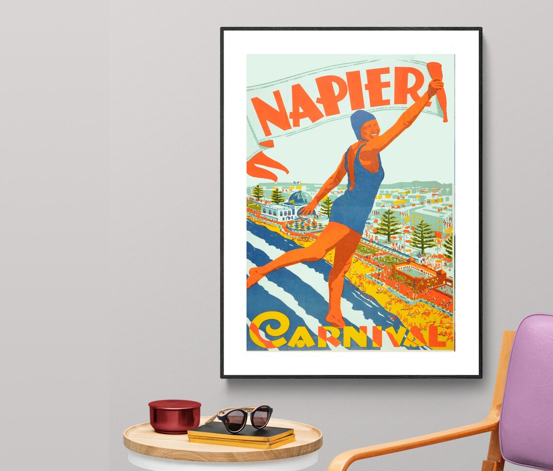 Napier Carnival Swimmer Vintage New Zealand Beach Poster Art