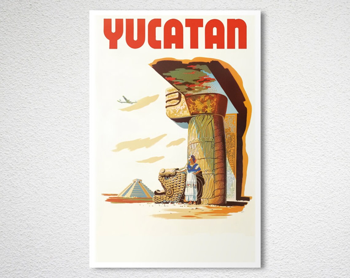 Yucatan Mexico Maya Ruins Pyramid Airplane Vintage Travel Poster - Image 2