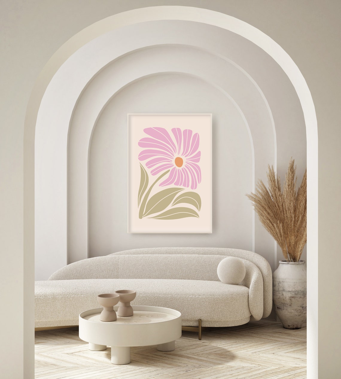 Pink Daisy With Orange Center On Cream Sage Leaves Floral Poster - Image 2