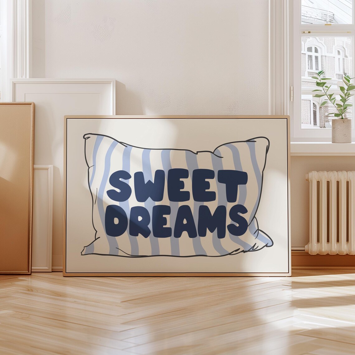 Sweet Dreams Blue Striped Pillow Cozy Kids Bedroom Quote Poster - Image 3