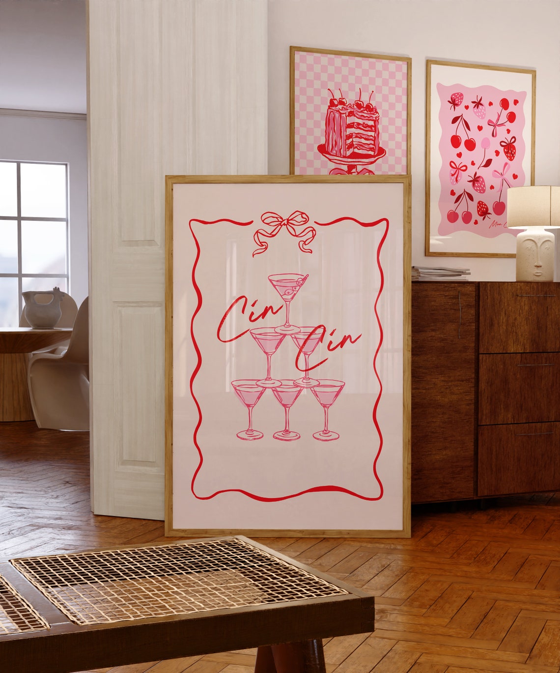 Cin Cin Stacked Martini Coupe Tower Red Line Bar Cart Poster - Image 3