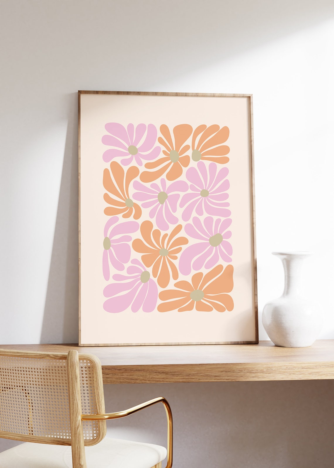 Pink And Orange Retro Daisies Pattern Danish Pastel Floral Poster - Image 2
