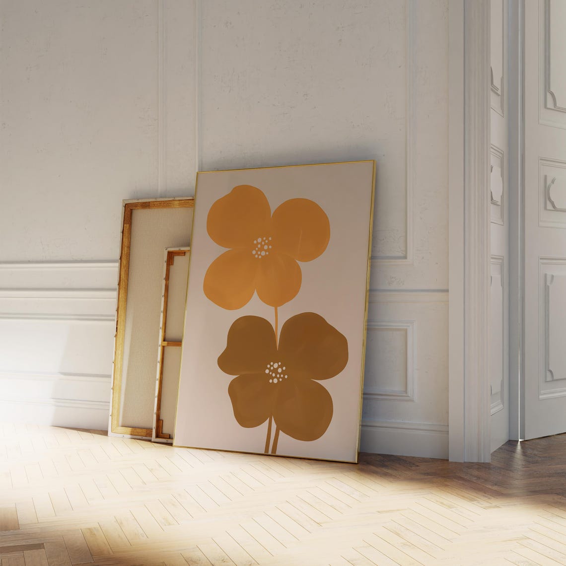 Retro Mustard Flower Pair Mid Century Modern Abstract Wall Art - Image 3