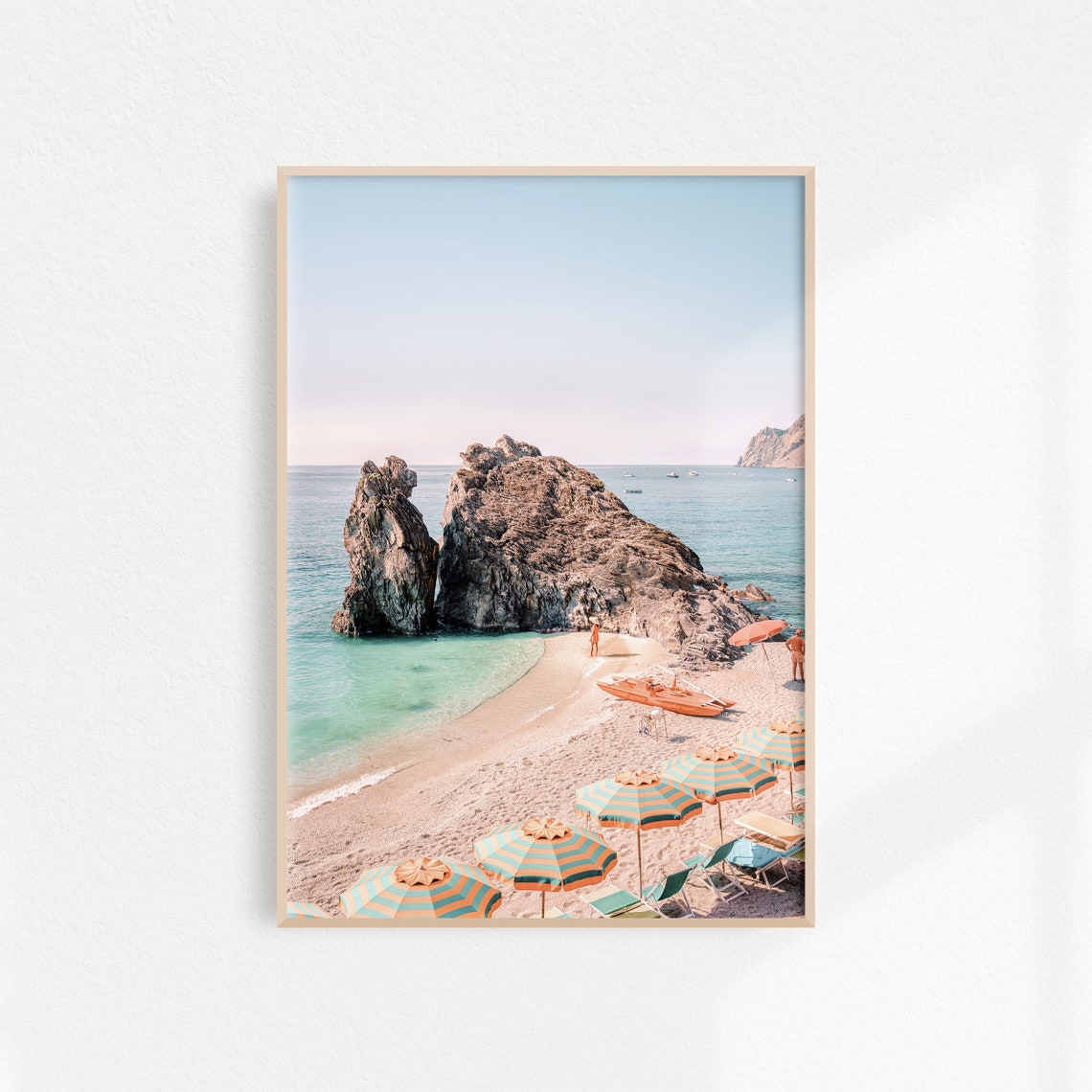 Cinque Terre Beach with Striped Umbrellas and Sea Rocks Poster