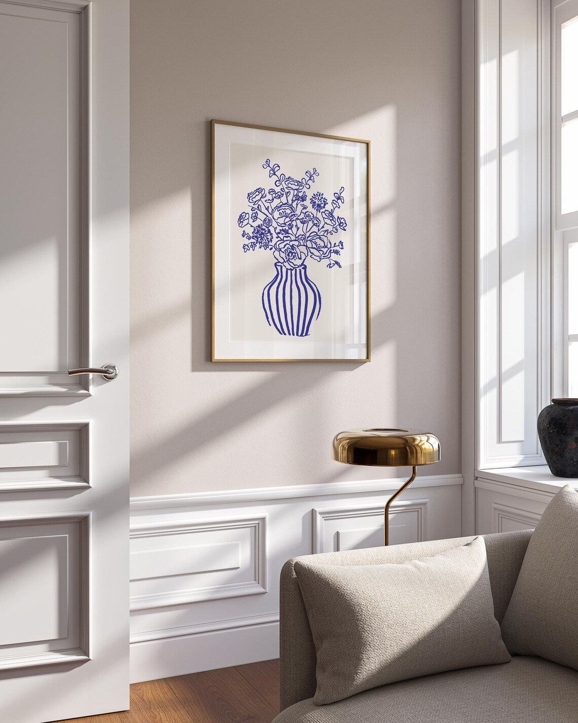 Blue Floral Bouquet Striped Vase Line Art On Cream Wall Poster - Image 5