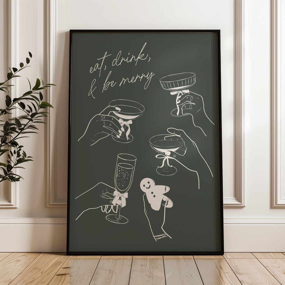 Eat Drink And Be Merry Charcoal Line Art Cocktail Toast Poster - Image 3
