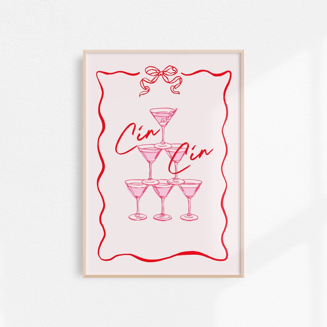 Cin Cin Stacked Martini Coupe Tower Red Line Bar Cart Poster