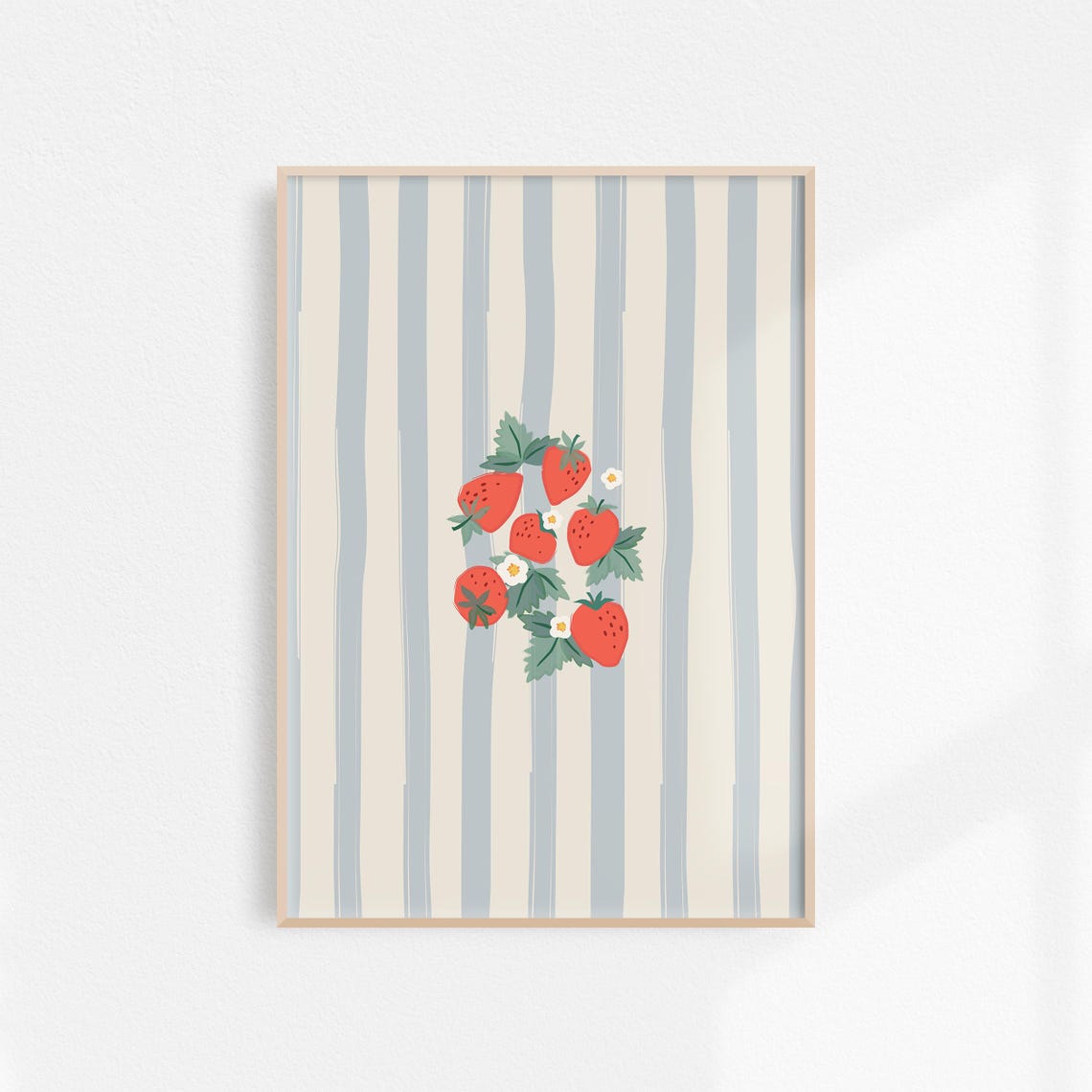 Strawberry Branch Red Berries Blue White Striped Kitchen Wall Art