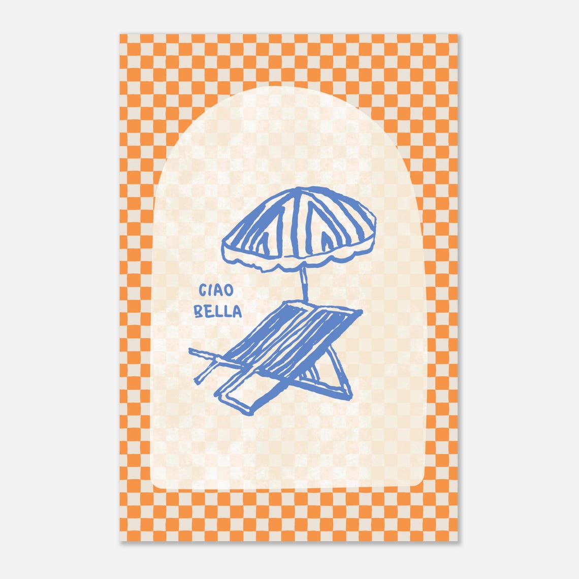 Ciao Bella Blue Beach Umbrella Orange Checker Retro Art Poster - Image 2