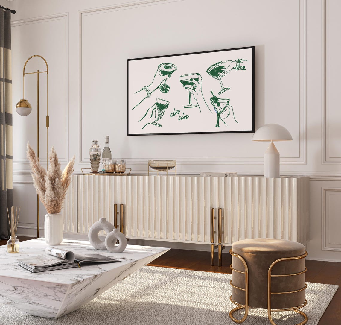 Green Line Art Cocktail Toast Cin Cin Bar Cart Cheers Decor Poster - Image 2