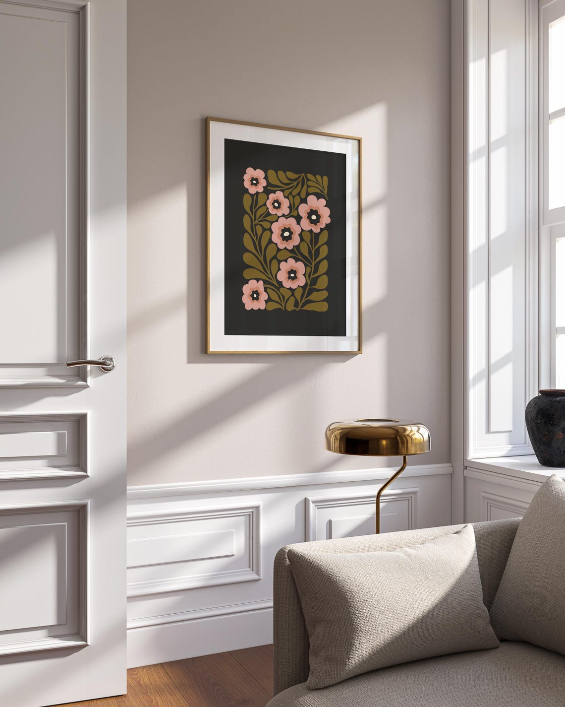 Pink Blossom Floral Pattern Charcoal Black Background Art Poster - Image 5