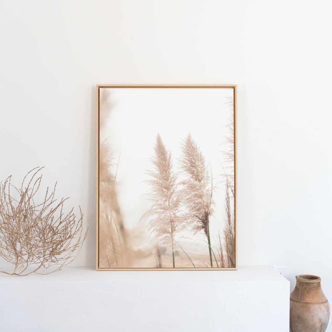 Dried Pampas Grass Plumes on Cream Background Photography Poster - Image 3