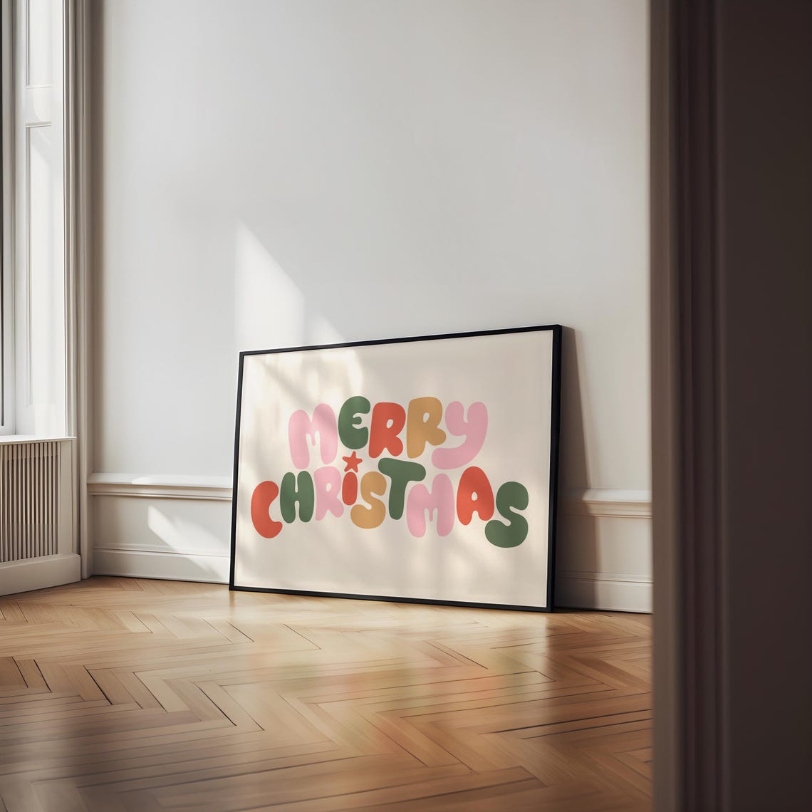 Merry Christmas Retro Bubble Letters Colorful Holiday Art Poster - Image 2