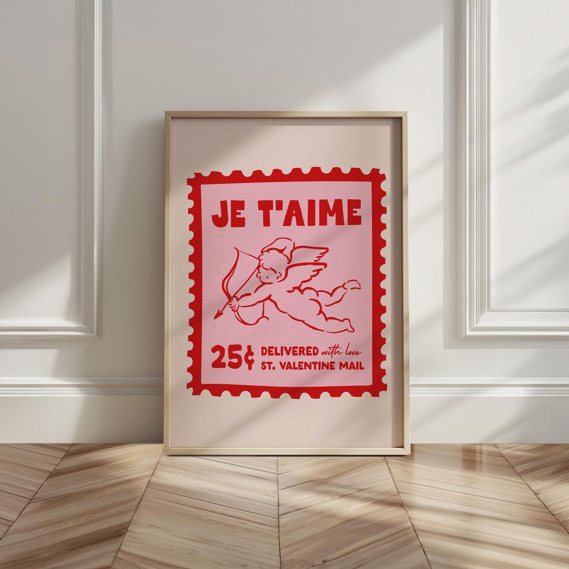 Je T'Aime Cupid Postage Stamp Retro Red Pink Valentines Day Poster - Image 3