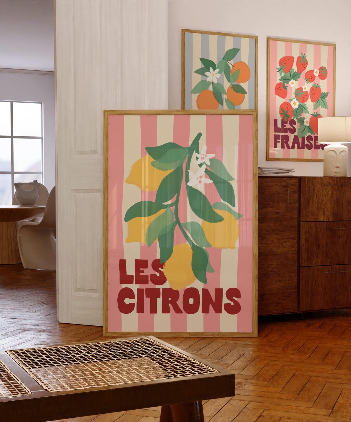 Les Citrons Lemon Branch on Pink Stripes French Kitchen Poster - Image 3