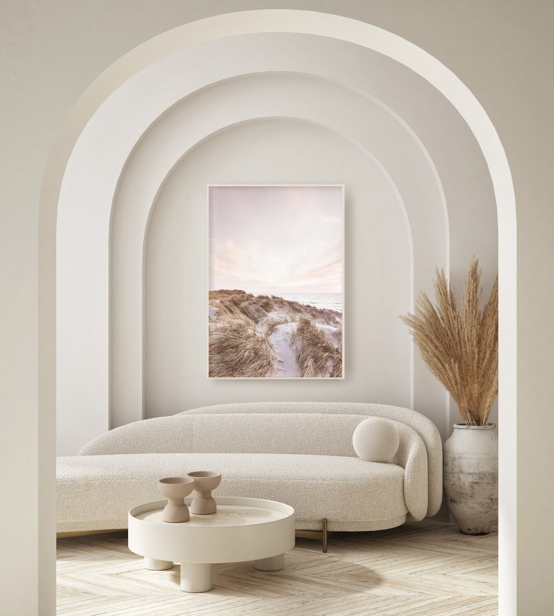 Sand Dunes with Beach Grass Under a Pastel Sunset Sky Poster - Image 2