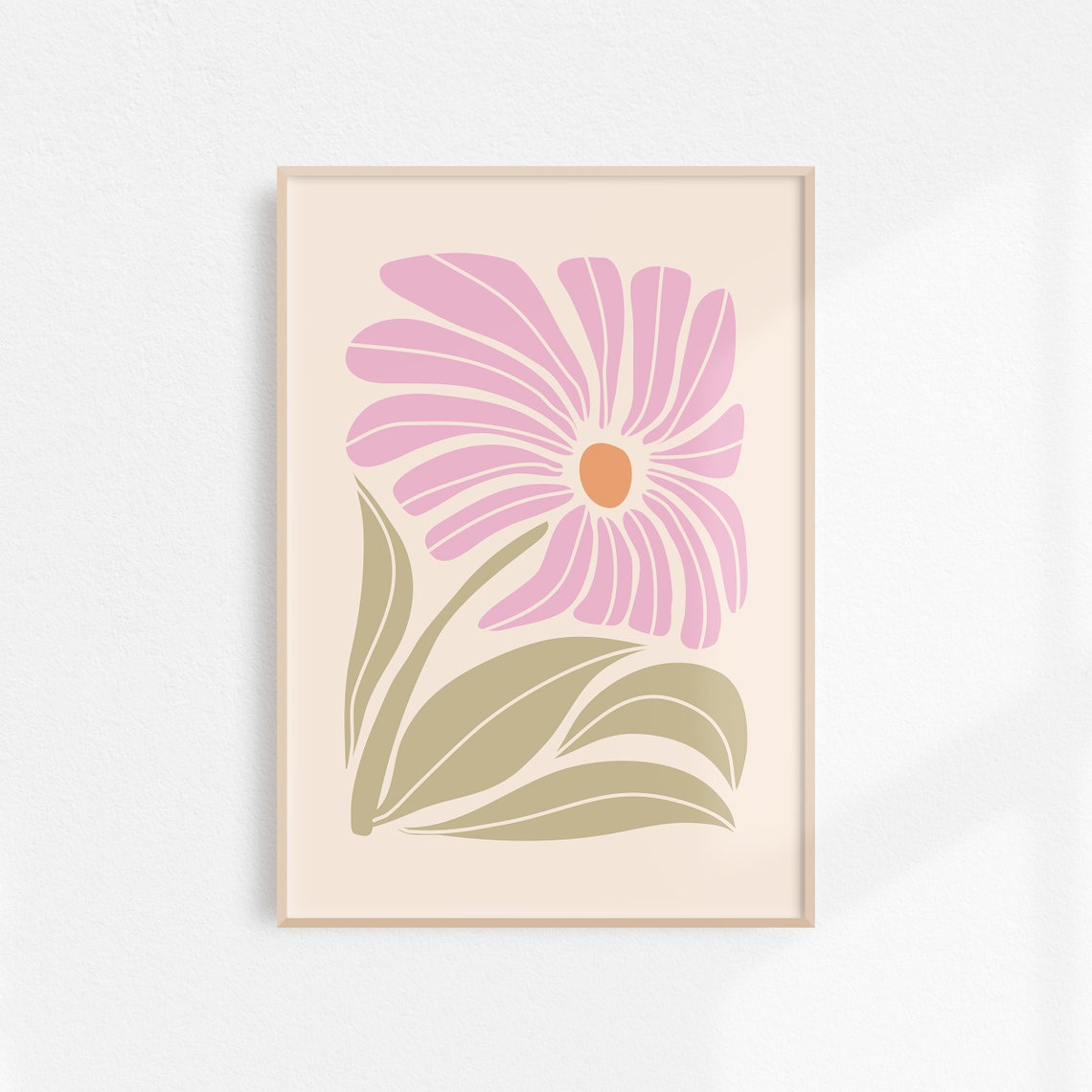 Pink Daisy With Orange Center On Cream Sage Leaves Floral Poster