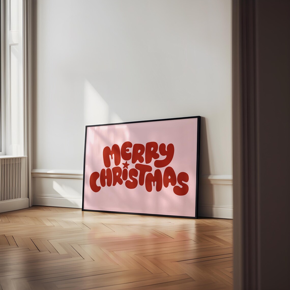 Merry Christmas Red Bubble Letters Blush Pink Holiday Art Poster - Image 2