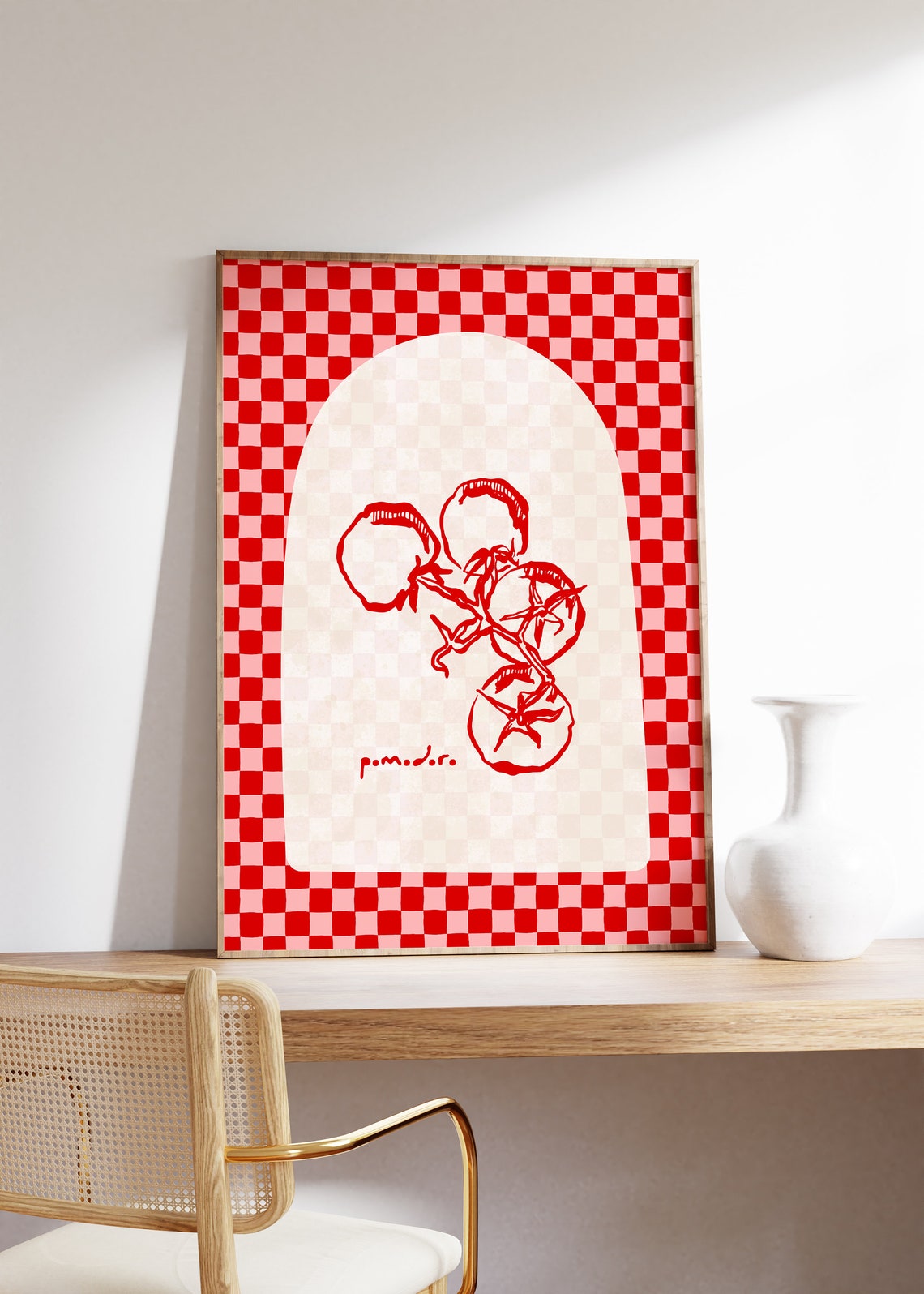 Pomodoro Tomato Line Art On Red Checker Italian Kitchen Poster - Image 3