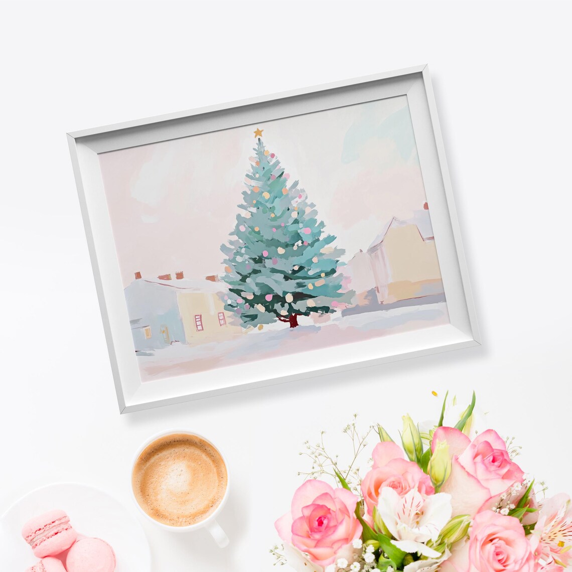 Pastel Christmas Tree Gold Star Snowy Street Winter Art Poster - Image 5