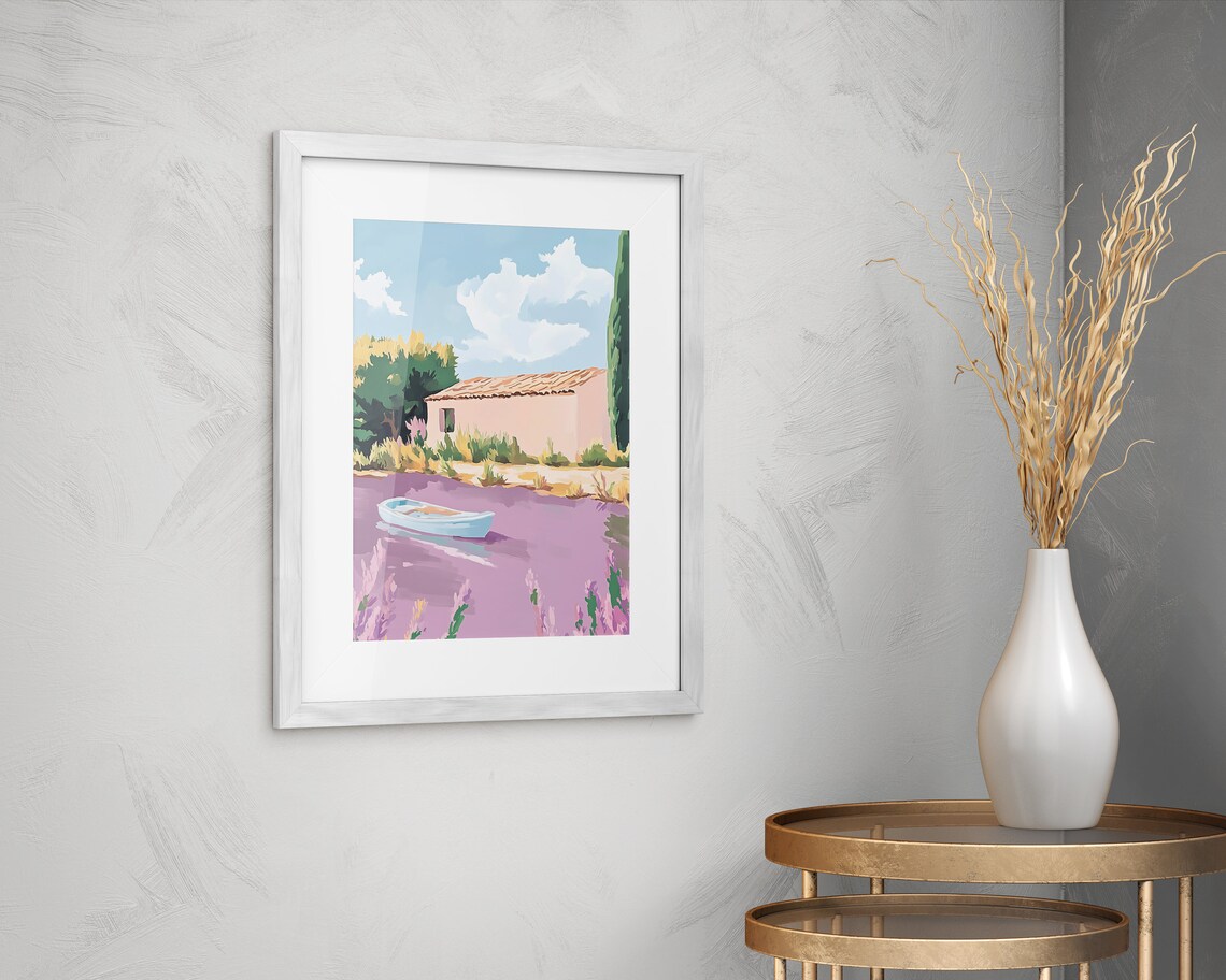 Blue Rowboat on Lavender Water by Pink Cottage Coastal Painting Poster - Image 2
