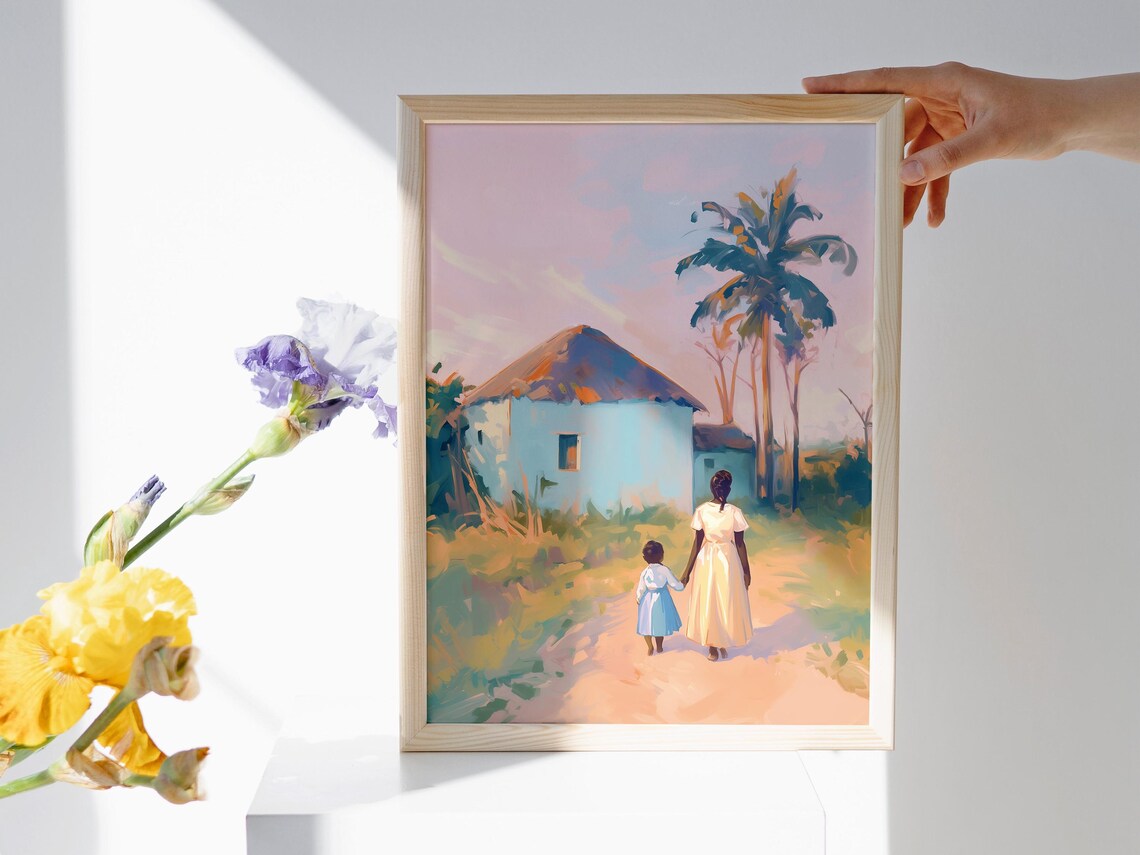 Mother Child Walking Path Thatched Hut Palm Trees Tropical Sunset Wall Art - Image 2