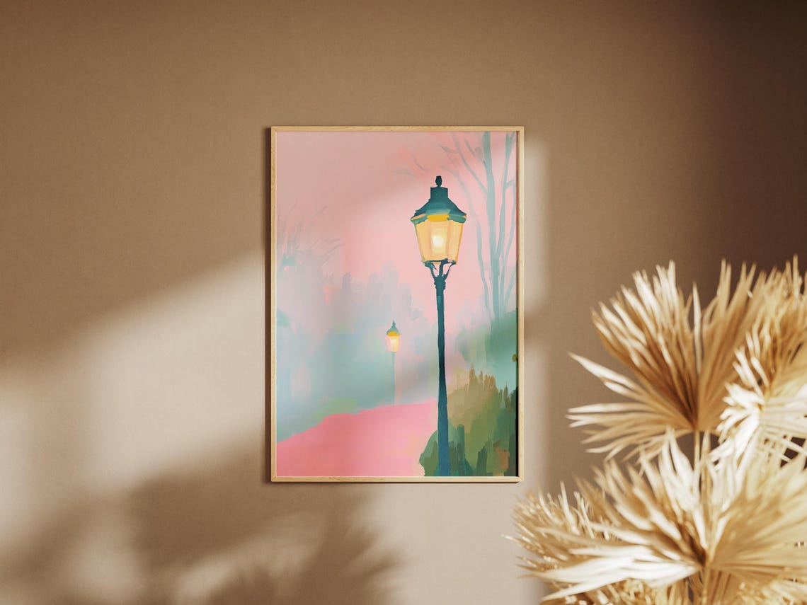 Vintage Victorian Street Lamp Post Art Street Painting Victorian Painting Misty Painting Victorian Artwork Street Lamp Post Wall Art - Image 2