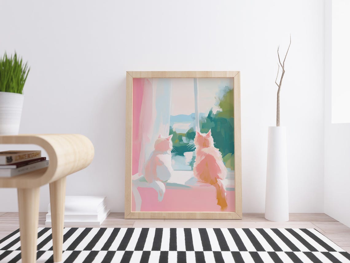 Two Cats on Windowsill Watching Outside Pastel Wall Art Print - Image 4