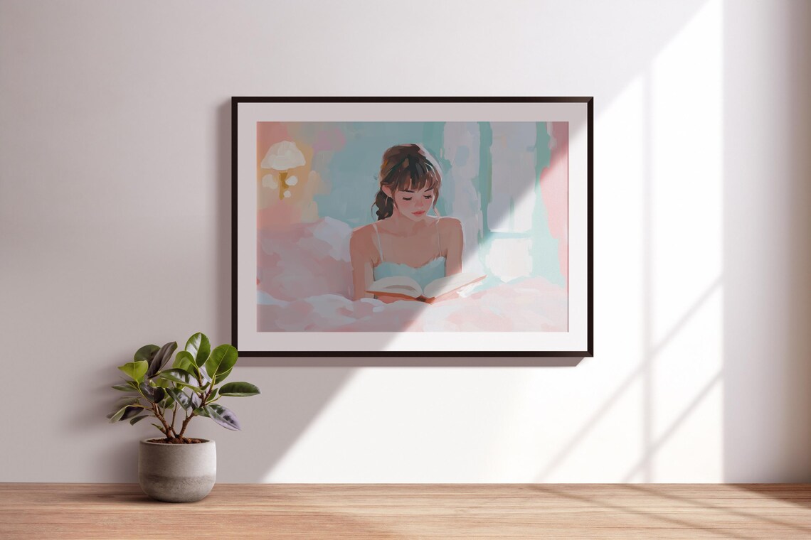 Soft Pastel Woman Reading Book In Bed Pink Teal Cozy Art Poster - Image 3