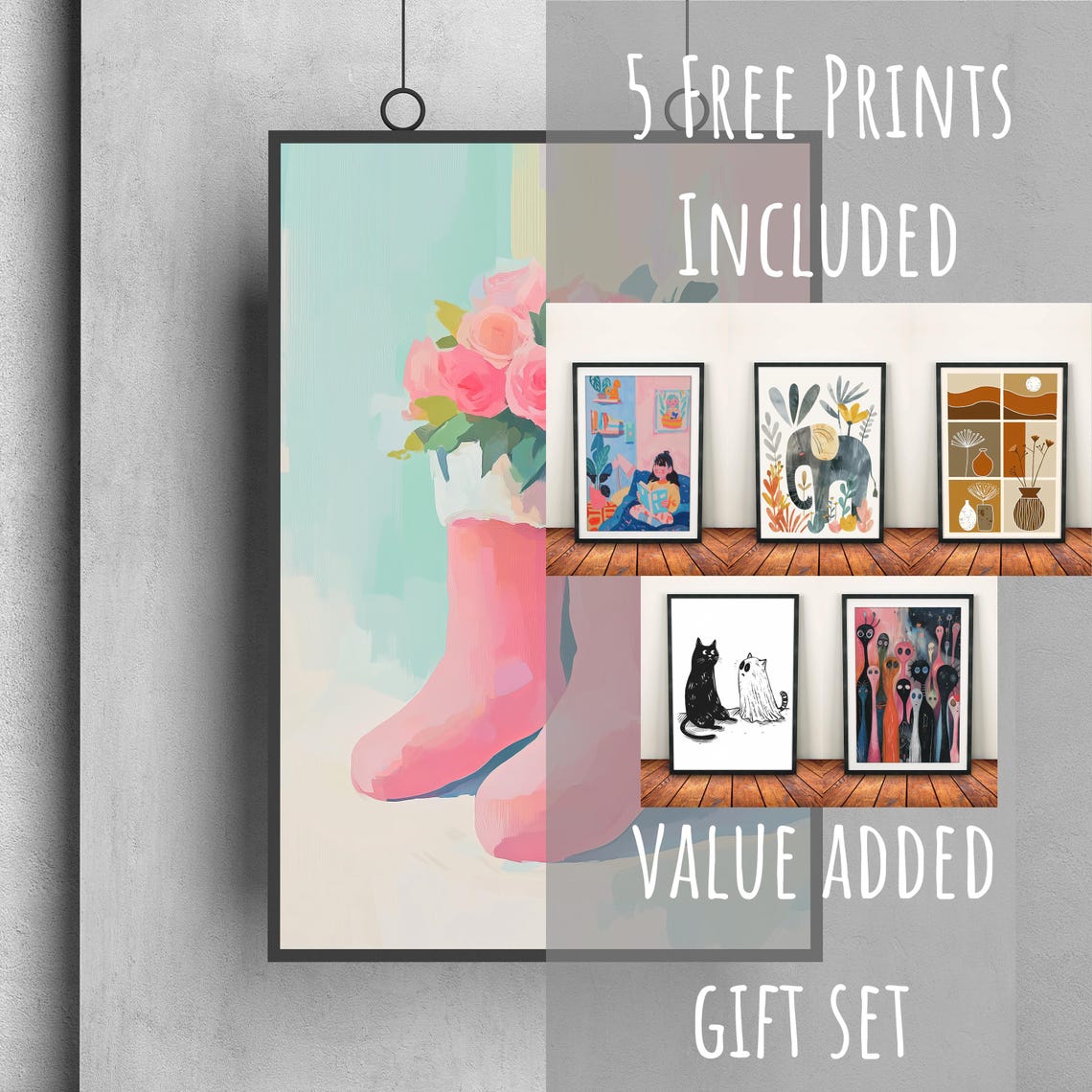 Pink Fur Boots Bouquet Pink Roses Floral Still Life Wall Poster - Image 3