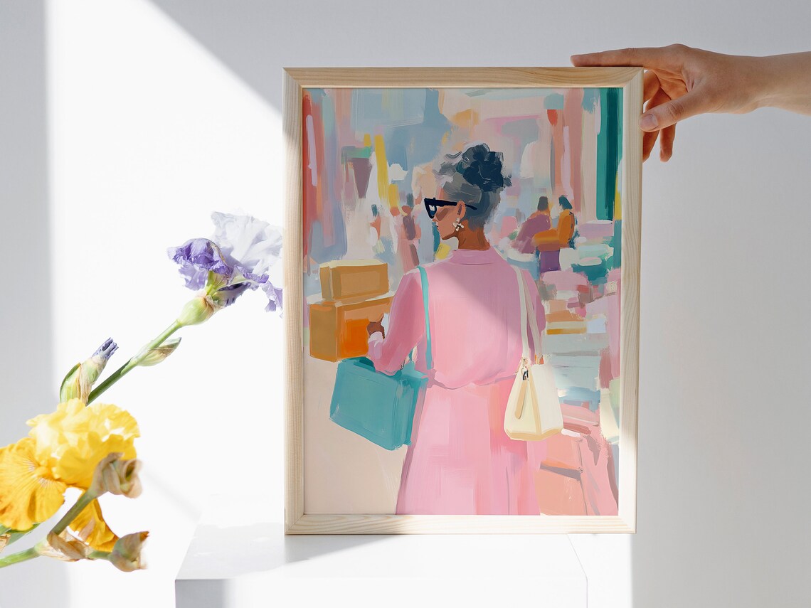 Elegant Woman Shopping in Pink Pastel City Fashion Art Poster - Image 4