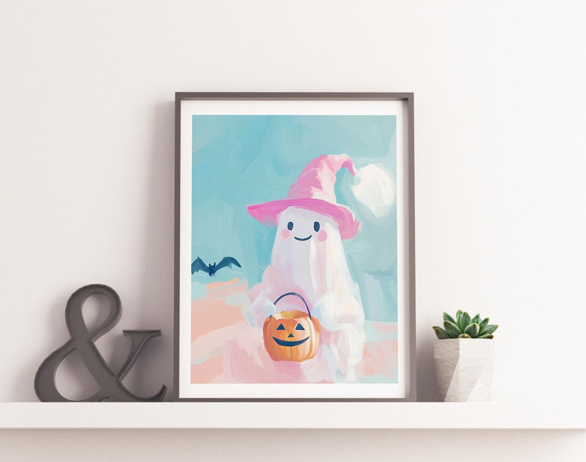 Cute Smiling Ghost Witch Hat Pumpkin Bucket Halloween Wall Art Print - Image 4