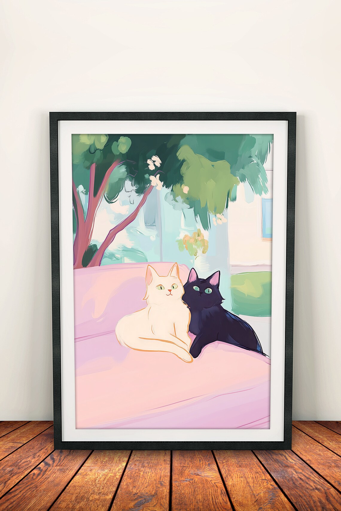 Two Cats Cuddling on Pink Couch Cute Illustration Cat Lover Wall Poster - Image 2
