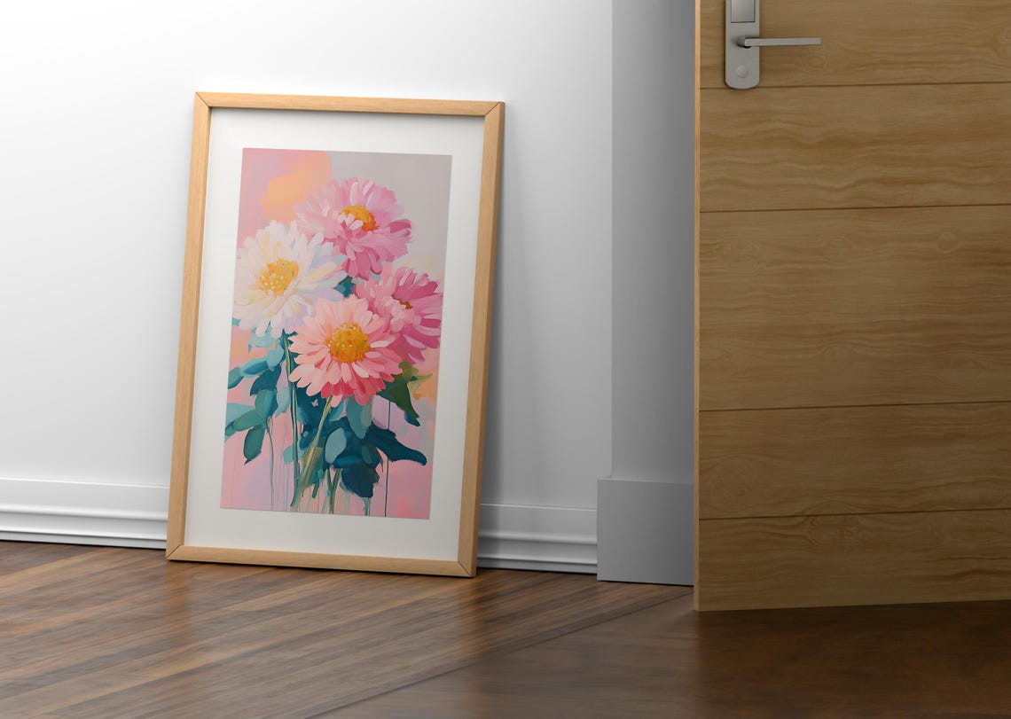 Pink White Daisy Cluster Teal Leaves Blush Floral Wall Art Poster - Image 2