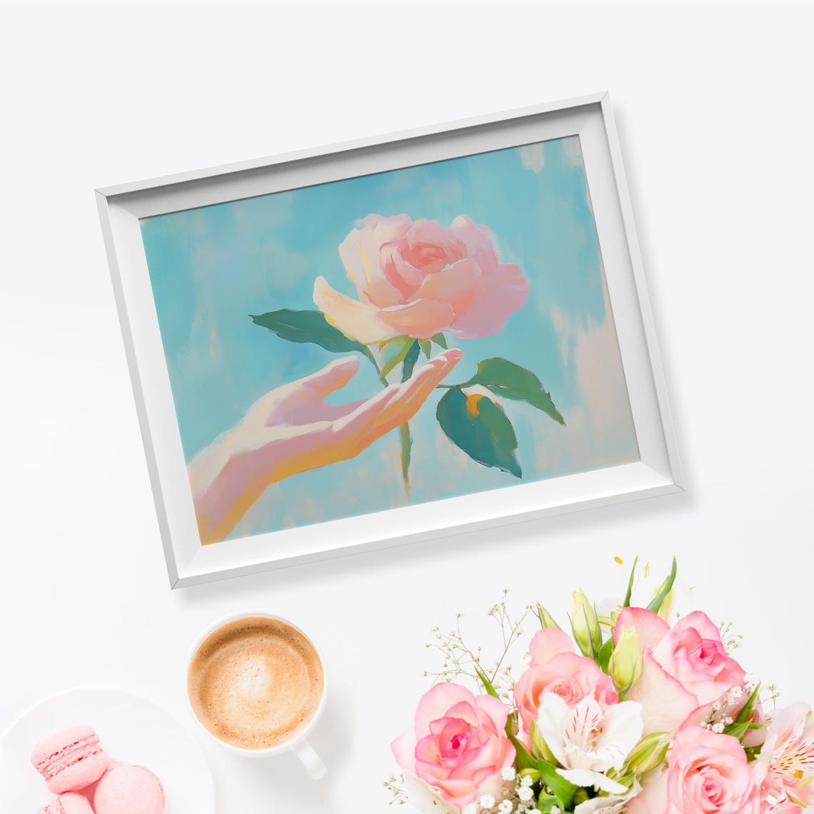 Hand Touching Pink Rose Pastel Painting Turquoise Sky Floral Wall Art - Image 5