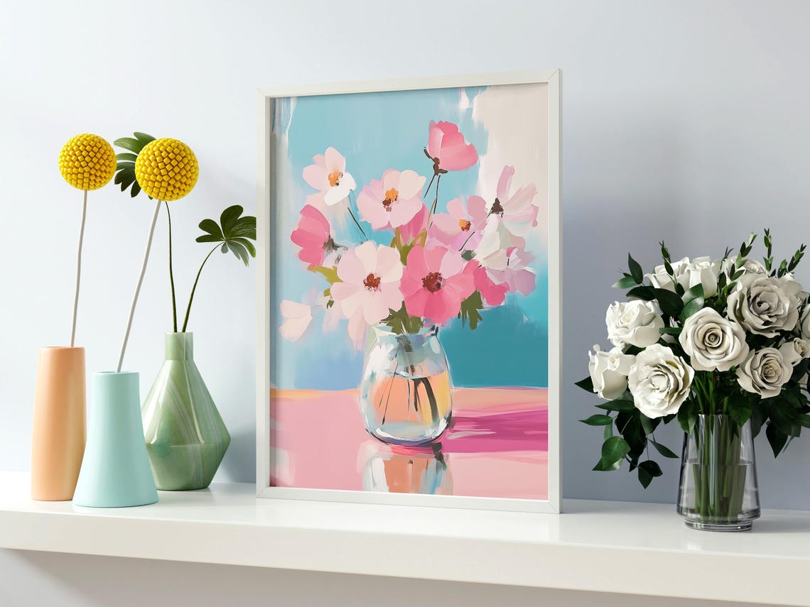 Pink Cosmos Flowers Glass Vase Pink Table Pastel Floral Art Poster - Image 2