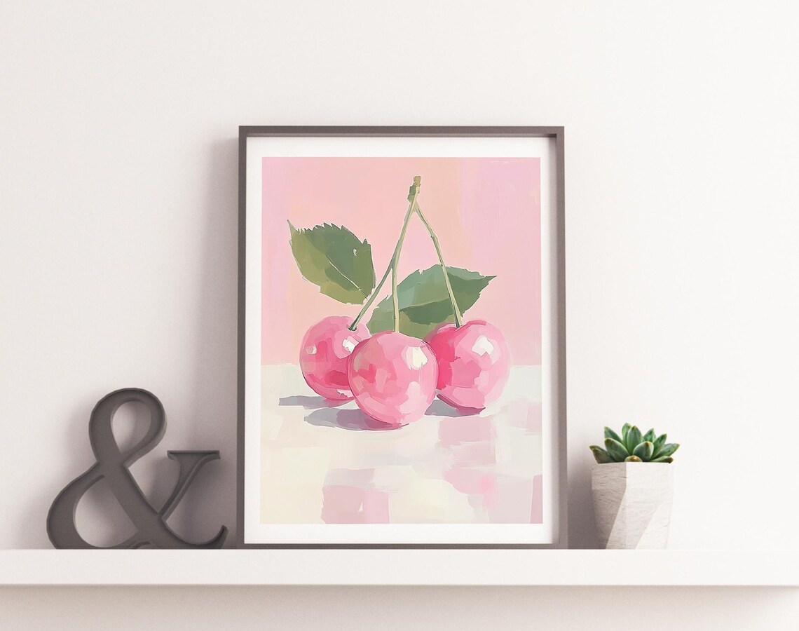 Three Pink Cherries With Green Leaves Pastel Watercolor Fruit Poster - Image 4