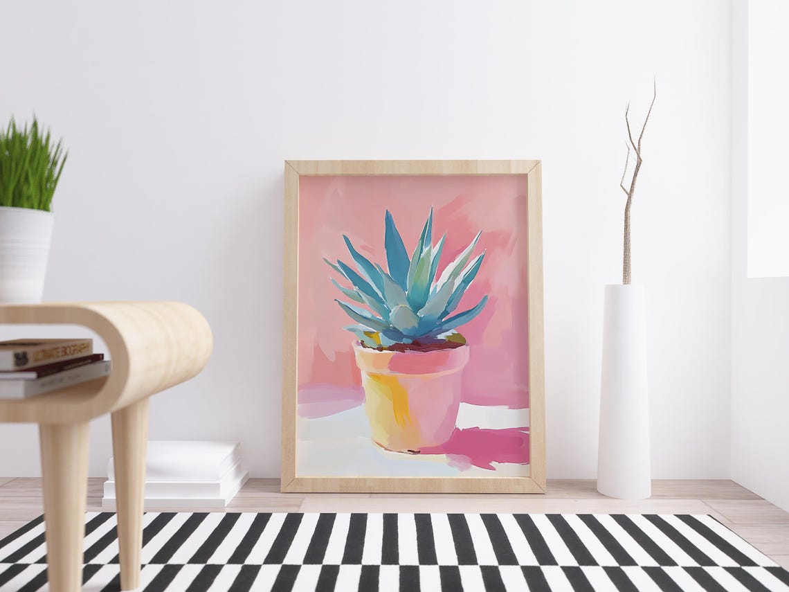 Blue Agave Plant in Terracotta Pot Pastel Pink Botanical Wall Poster - Image 4