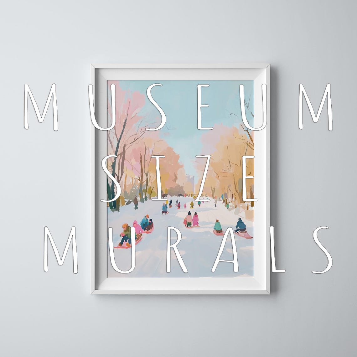 Kids Sledding Down A Snowy Pastel Park Hill Winter Holiday Art Poster - Image 3