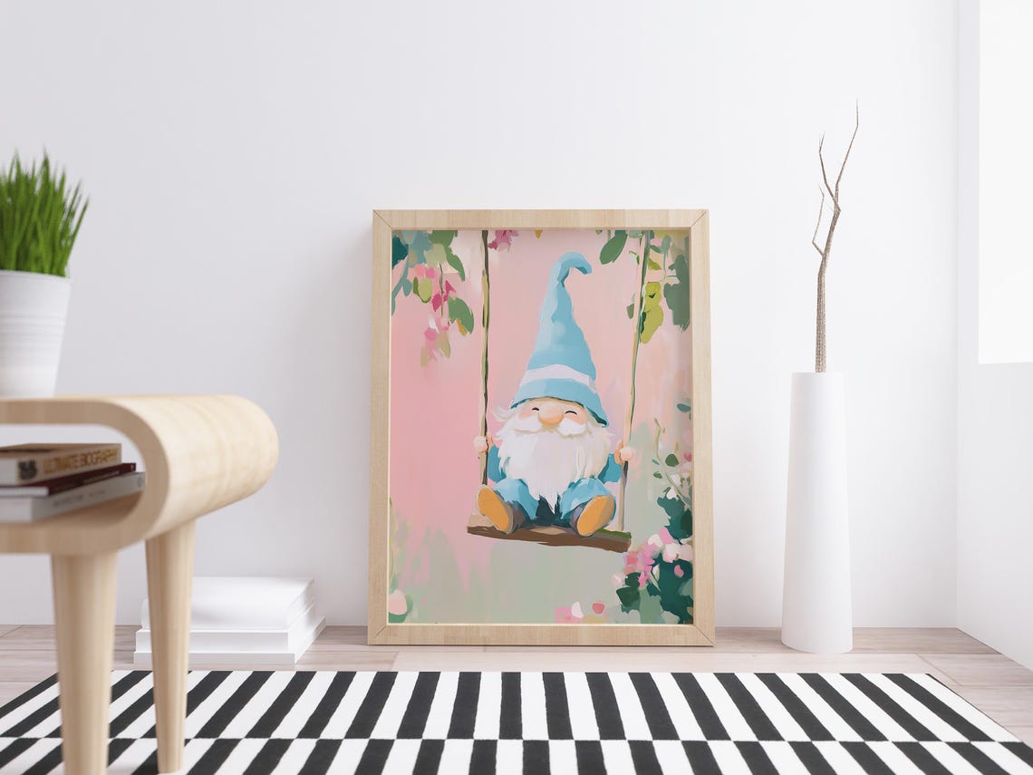 Smiling Garden Gnome On A Swing In Pink Blossom Garden Art Poster - Image 2