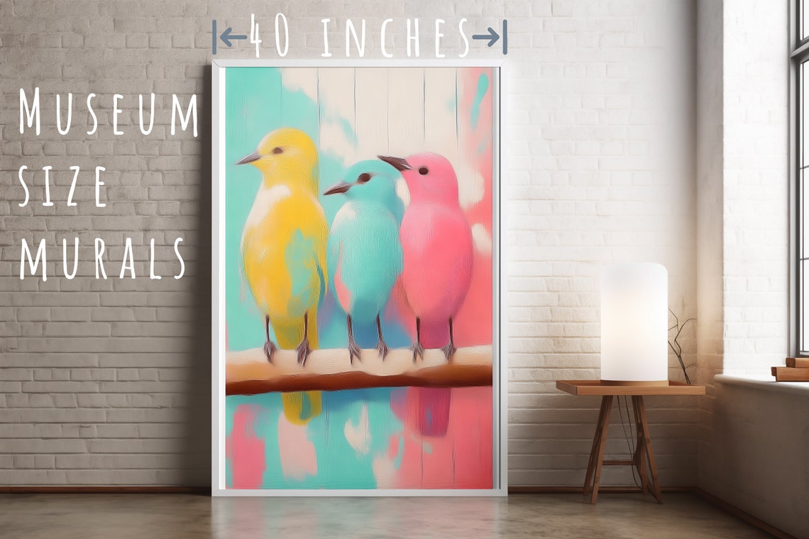 Three Pastel Birds Yellow Teal Pink Perched On Branch Art Poster - Image 5