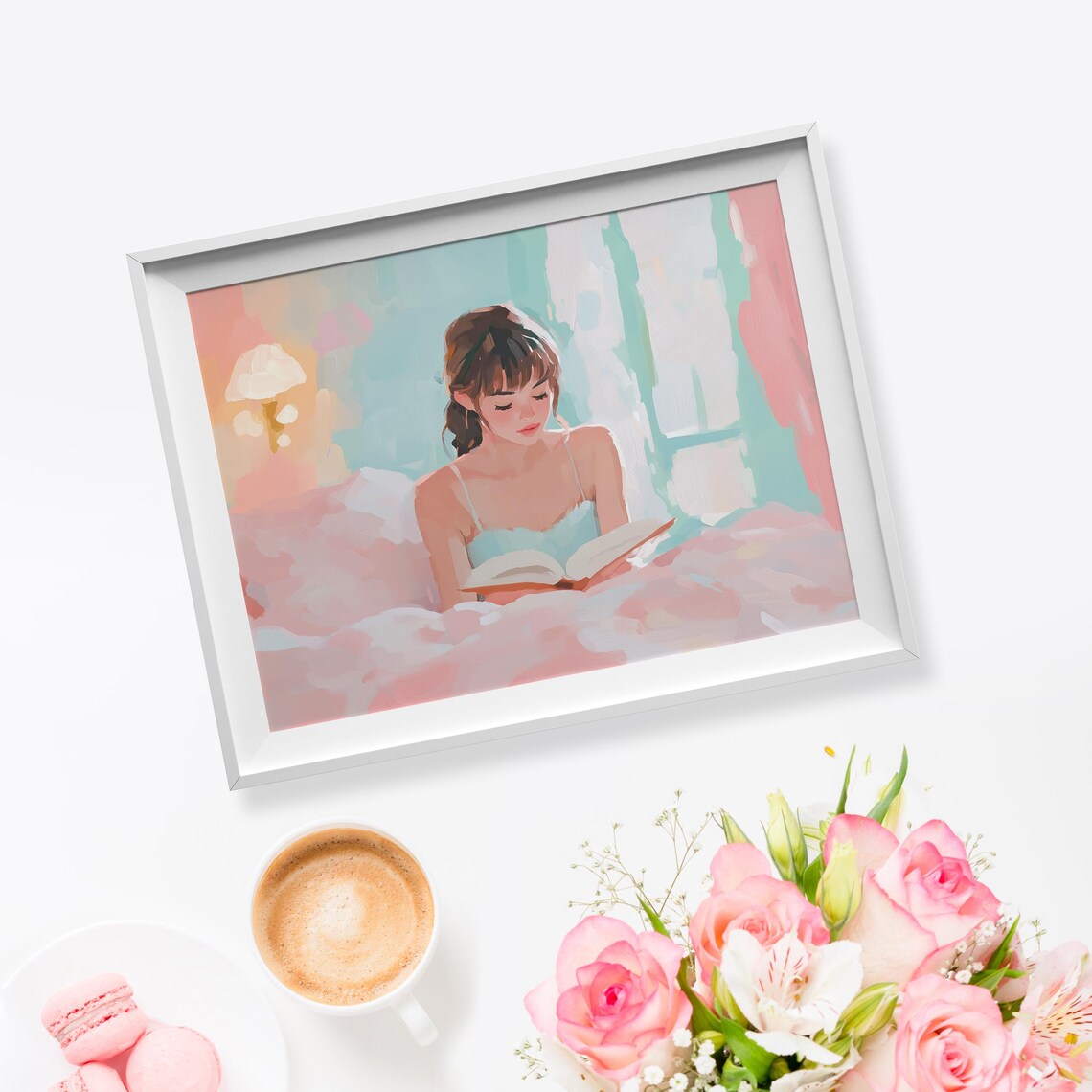 Soft Pastel Woman Reading Book In Bed Pink Teal Cozy Art Poster - Image 5