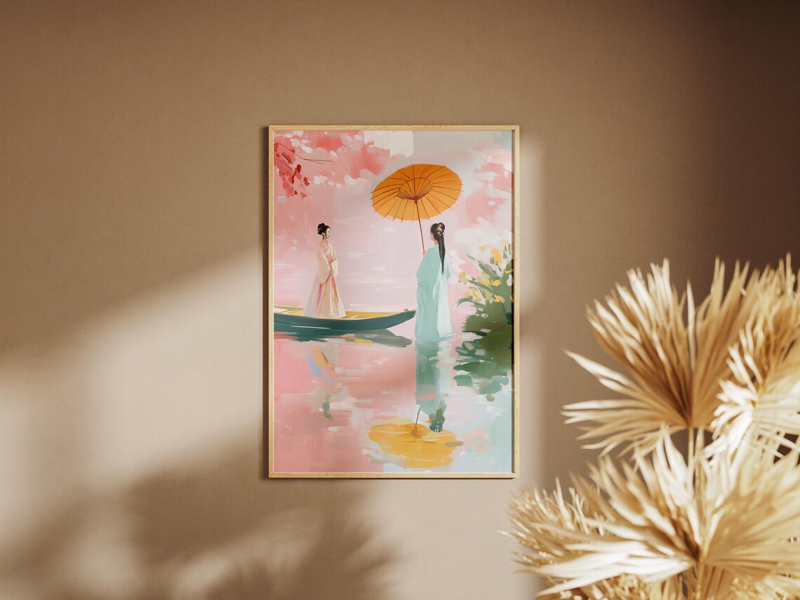 Chinoiserie Two Women Parasol By Water Pink Pastel Art Poster - Image 4
