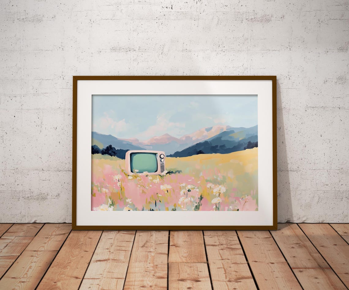 Pastel Tv In Nature Art Tv In Flowers Painting Soft Pastel Flowers Tv In Flowers Decor Pink Flower Painting Alps Watercolor Wall Art - Image 2