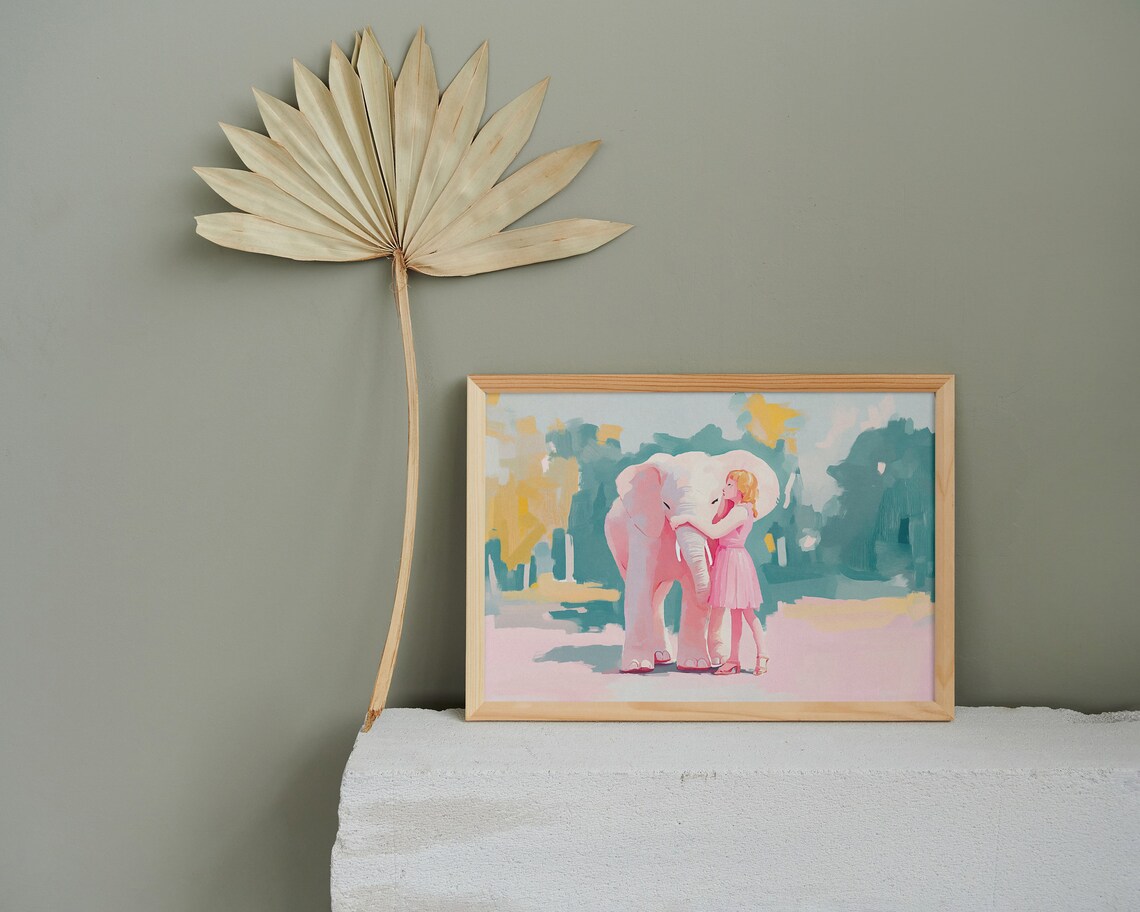 Little Girl Hugging Pink Baby Elephant Cute Pastel Nursery Wall Poster - Image 4