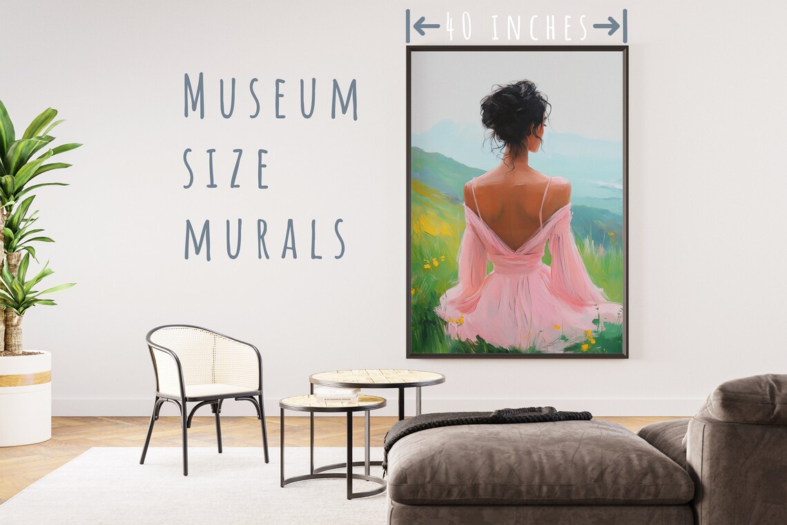Woman in Pink Dress Sitting in a Green Meadow Hillside View Art Poster - Image 5