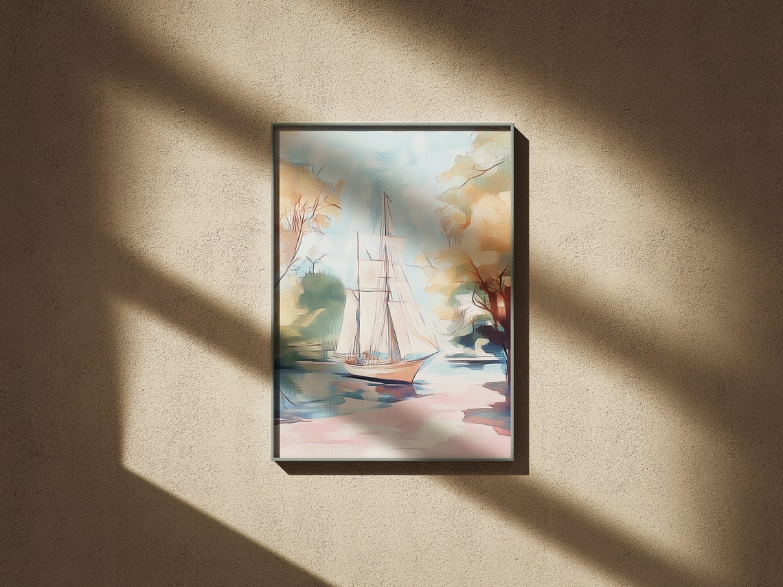 Sailboat Sailing Past Golden Trees Calm River Nautical Poster - Image 2