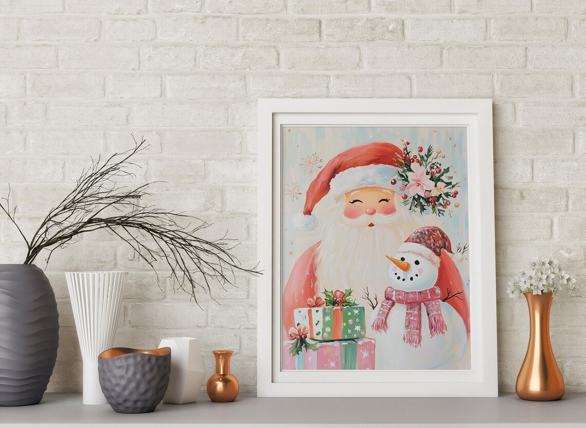 Smiling Santa Claus Snowman Pink Scarf Gifts Christmas Art Print - Image 4