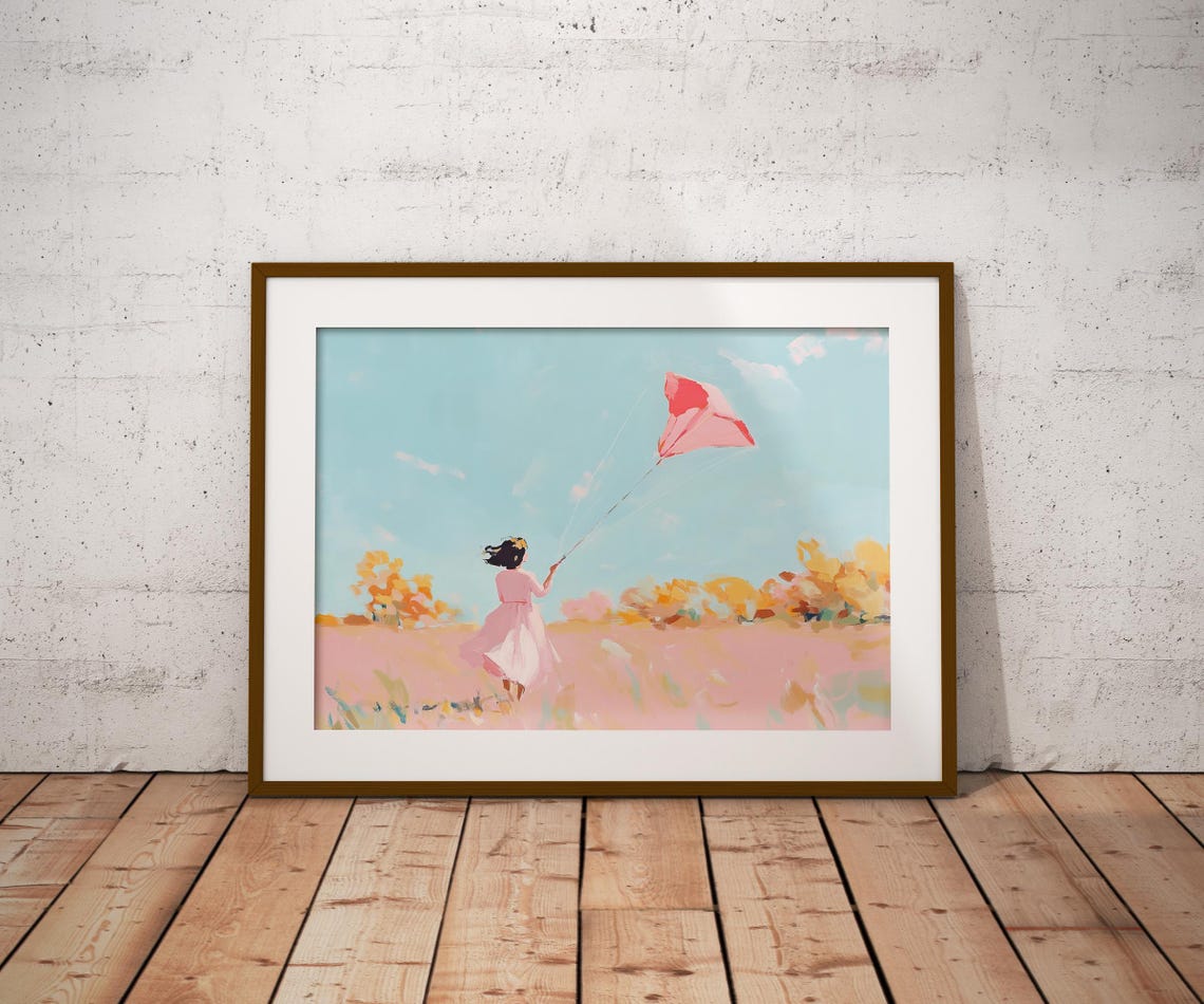 Soft Pastel Girl With Red Kite Red Kite Painting Girl Chasing Kite Child With Kite Autumn Field Art Soft Pastel Painting Colorful Sky - Image 2